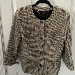 TALBOTS Pink Green Tweed Eyelash Trim Blazer Jacket Size 10 EUC
